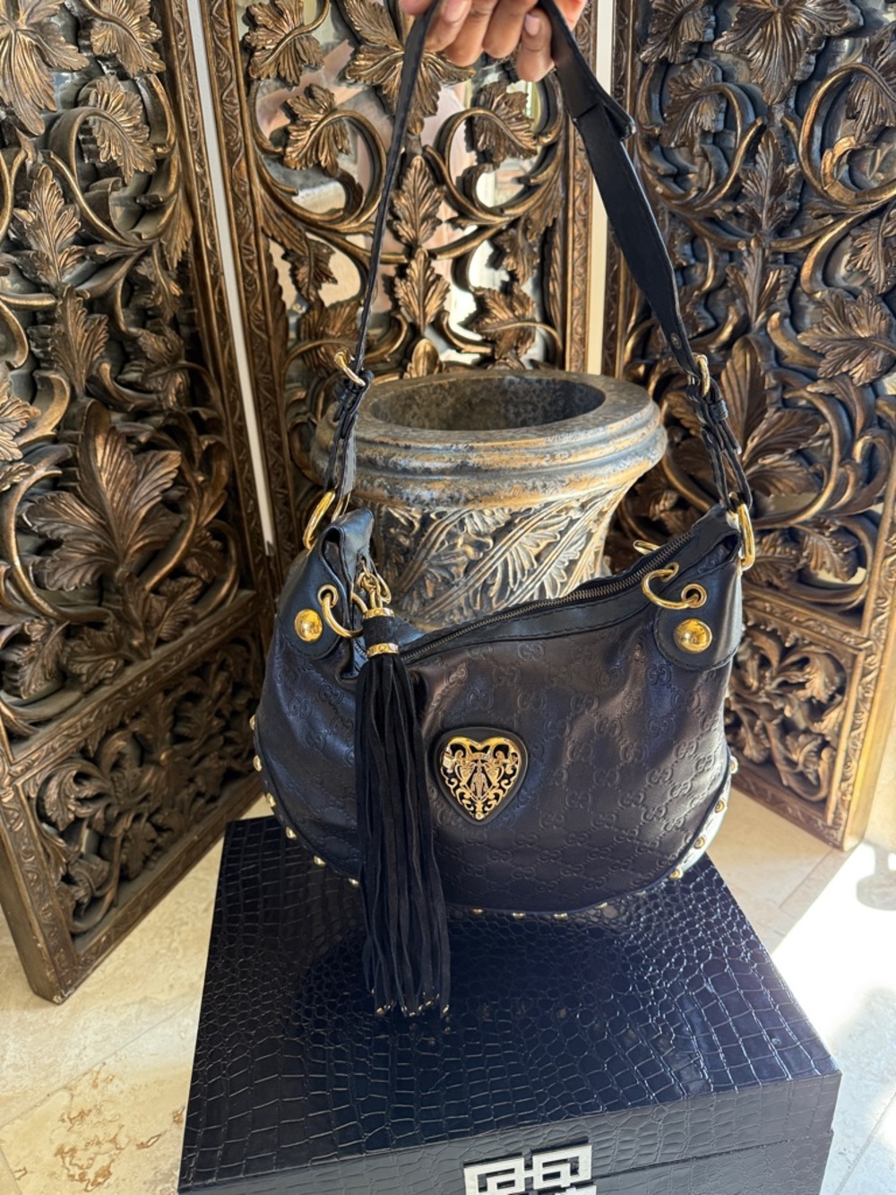 Gucci Black Designer Leather Shoulder Bag with Tassel & Gold studs